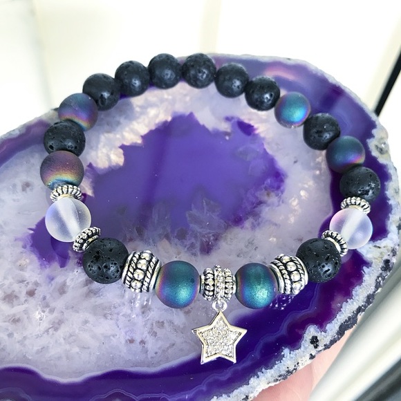 Druzy quartz Lava rock white gold plated cz star - Picture 3 of 8